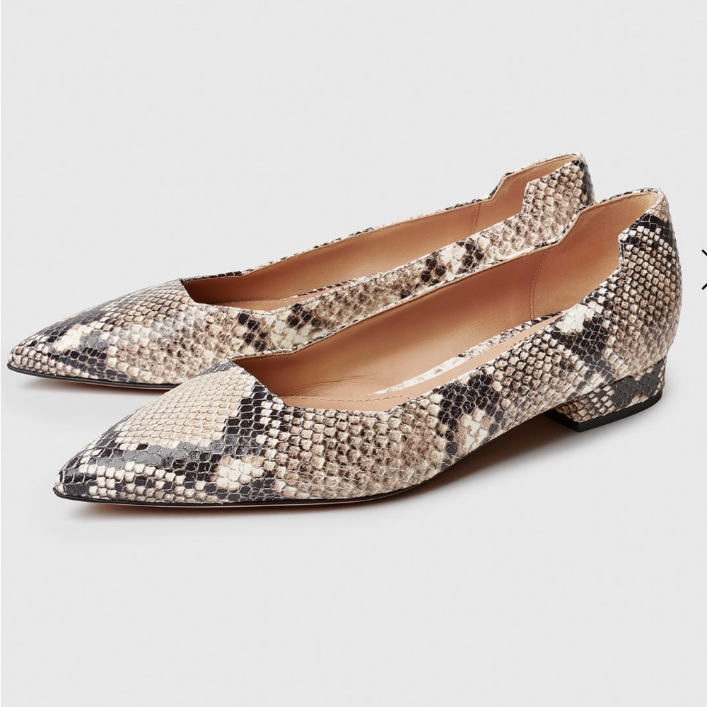 The Fold London Augusta Pointed Toe Snake Print Leather Flats - Beige